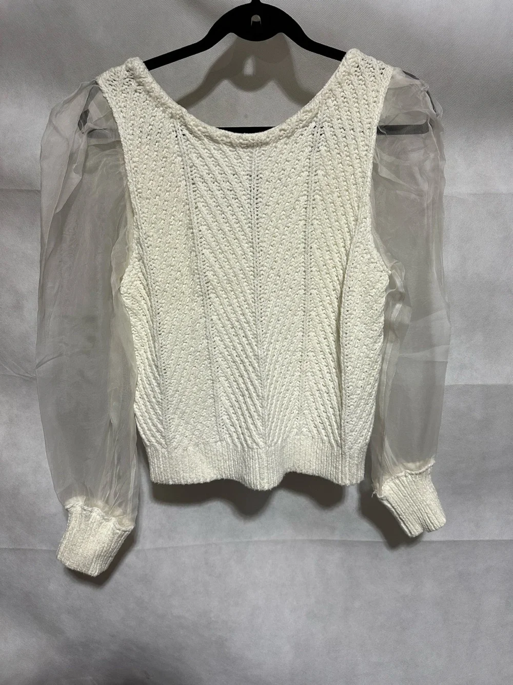 Anthropologie Maeve Cable Twofer Sweater Ivory Silk Sheer Puff Sleeve Cotton S